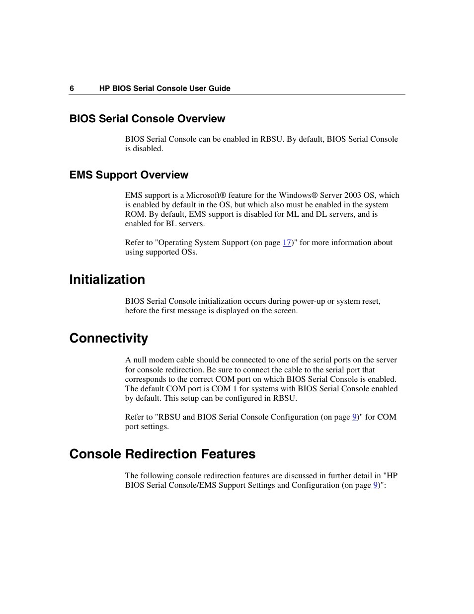 Bios serial console overview, Ems support overview, Initialization | Connectivity, Console redirection features | HP ProLiant xw460c Blade Workstation User Manual | Page 6 / 33