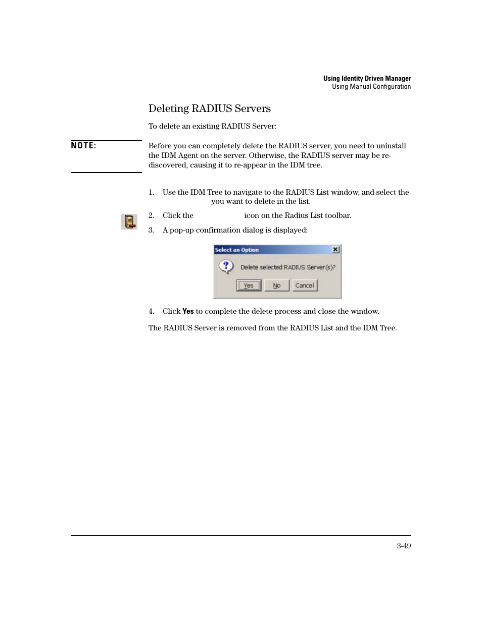 Deleting radius servers, Deleting radius servers -48 | HP Identity Driven Manager Software Licenses User Manual | Page 111 / 190