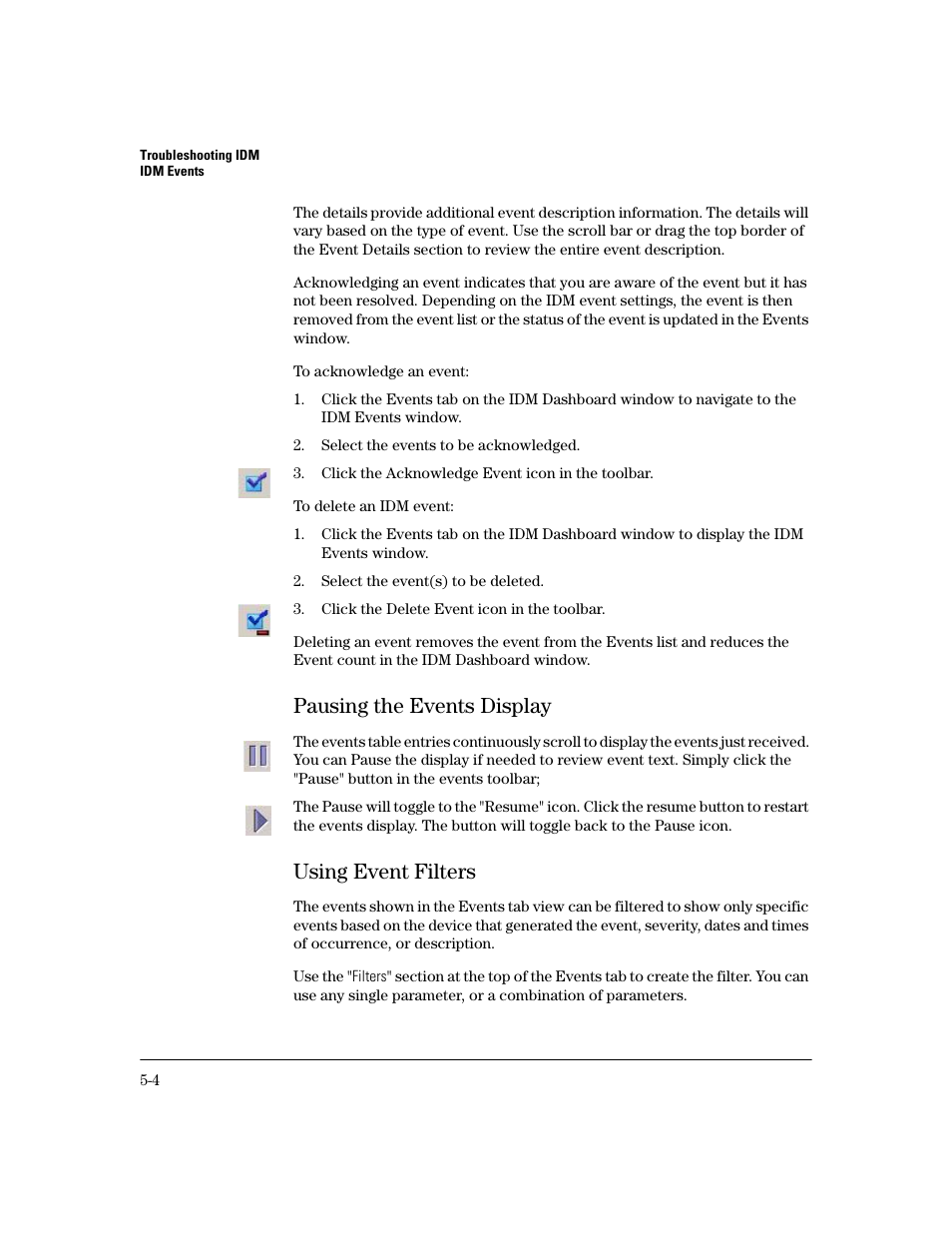 Pausing the events display, Using event filters, Pausing the events display -4 | Using event filters -4 | HP Identity Driven Manager Software Licenses User Manual | Page 162 / 190