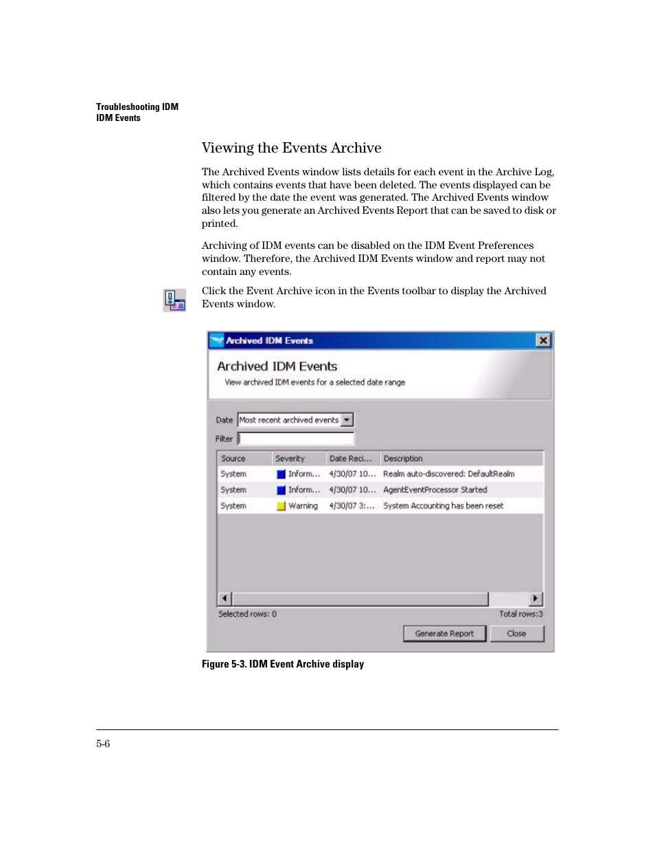 Viewing the events archive, Viewing the events archive -6 | HP Identity Driven Manager Software Licenses User Manual | Page 164 / 190