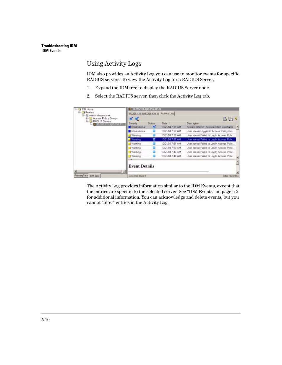 Using activity logs, Using activity logs -10 | HP Identity Driven Manager Software Licenses User Manual | Page 168 / 190