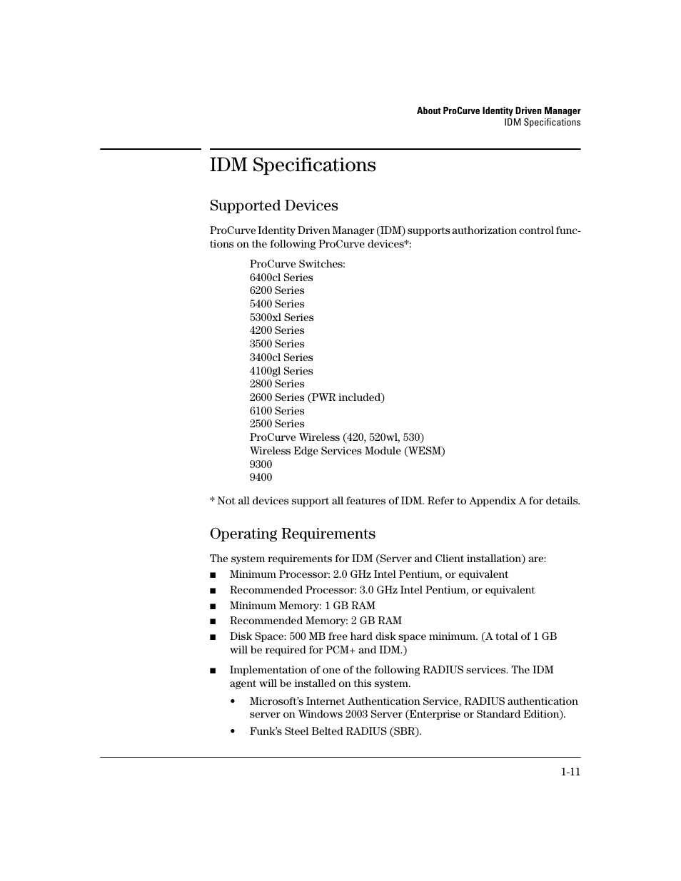 Idm specifications, Supported devices, Operating requirements | Supported devices -11, Operating requirements -11, Supported devices -11 operating requirements -11 | HP Identity Driven Manager Software Licenses User Manual | Page 17 / 190