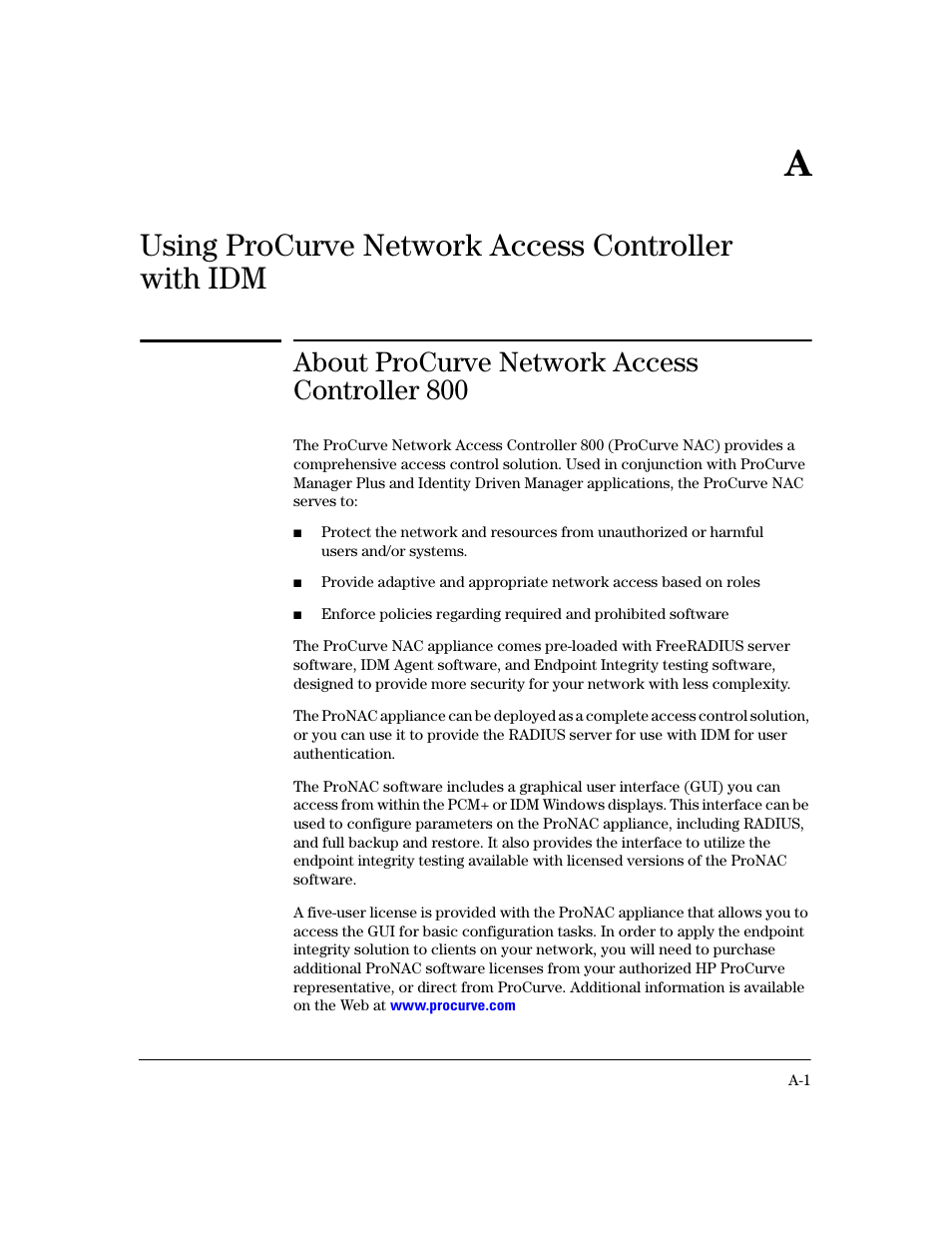 About procurve network access controller 800, Using procurve network access controller with idm | HP Identity Driven Manager Software Licenses User Manual | Page 171 / 190