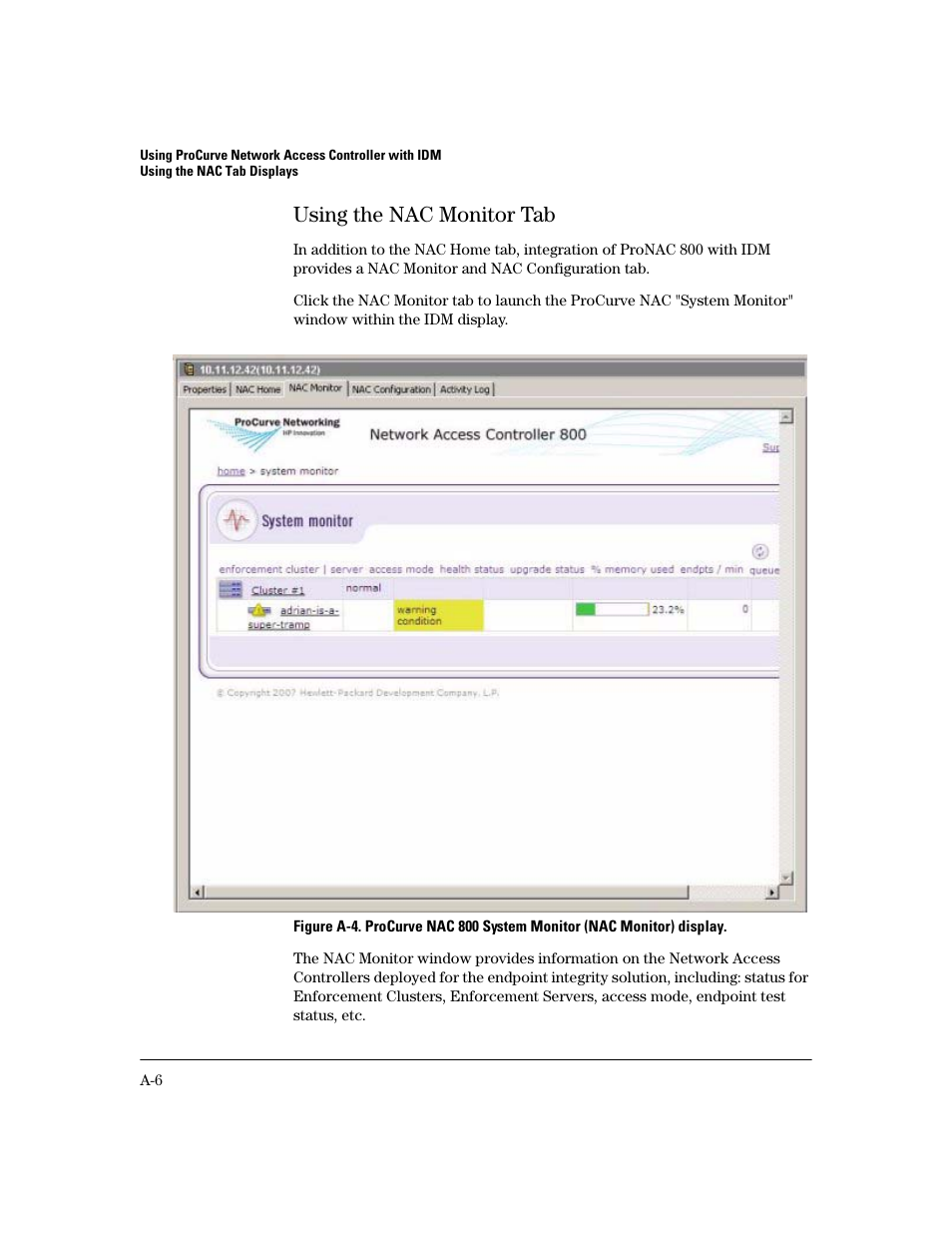 Using the nac monitor tab | HP Identity Driven Manager Software Licenses User Manual | Page 176 / 190