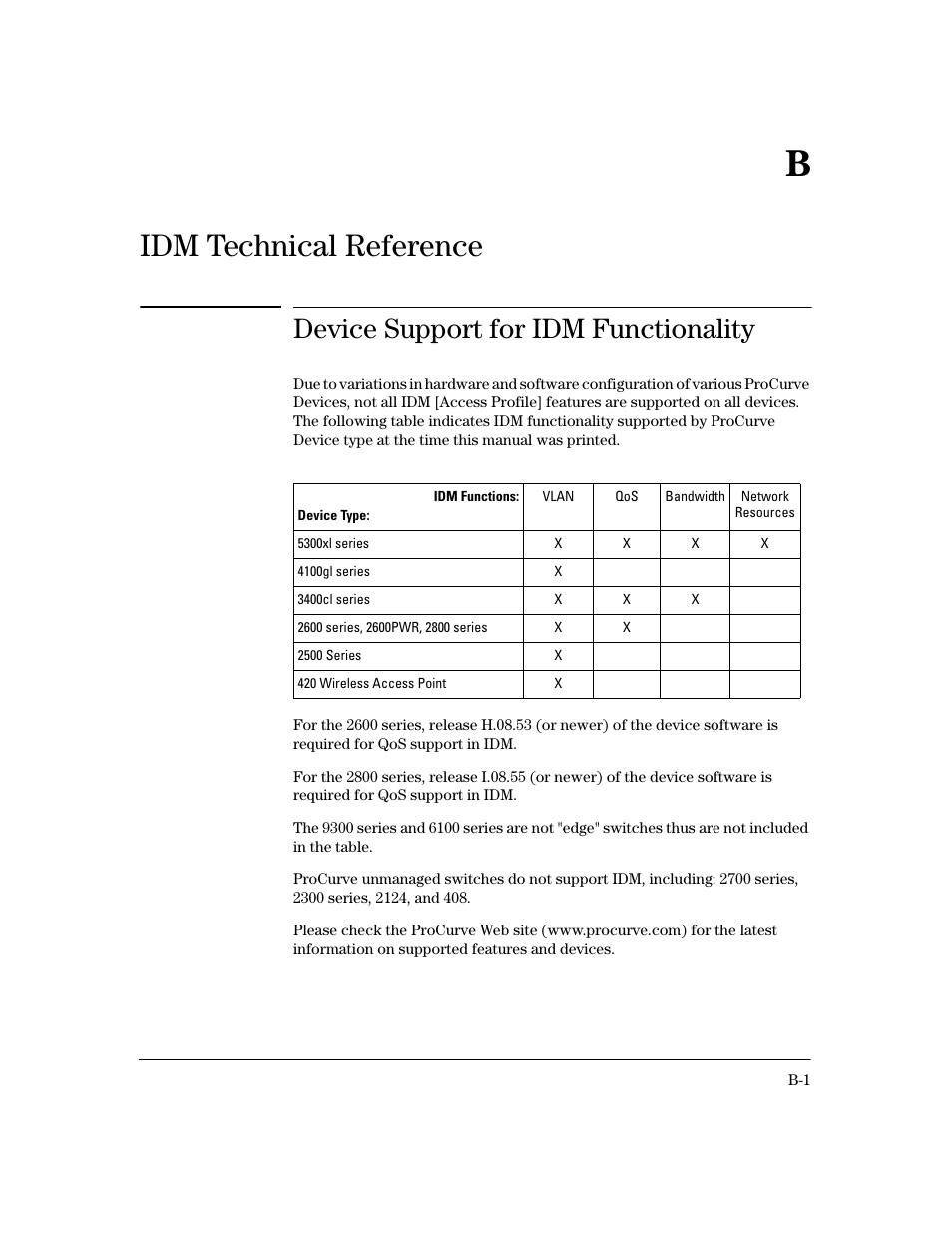 Appendix b - idm technical reference, Device support for idm functionality, B idm technical reference | Idm technical reference | HP Identity Driven Manager Software Licenses User Manual | Page 181 / 190