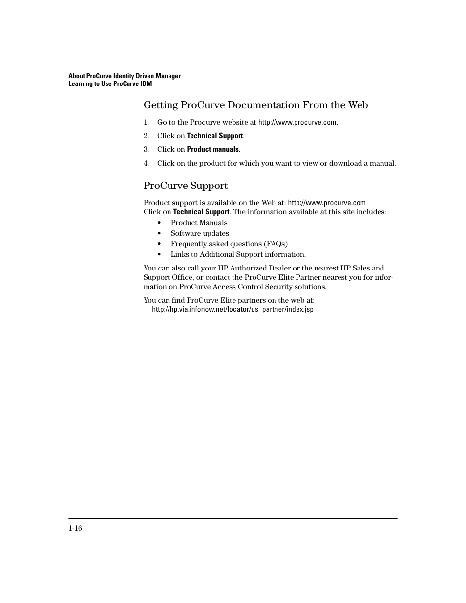 Getting procurve documentation from the web, Procurve support, Getting procurve documentation from the web -16 | Procurve support -16 | HP Identity Driven Manager Software Licenses User Manual | Page 22 / 190