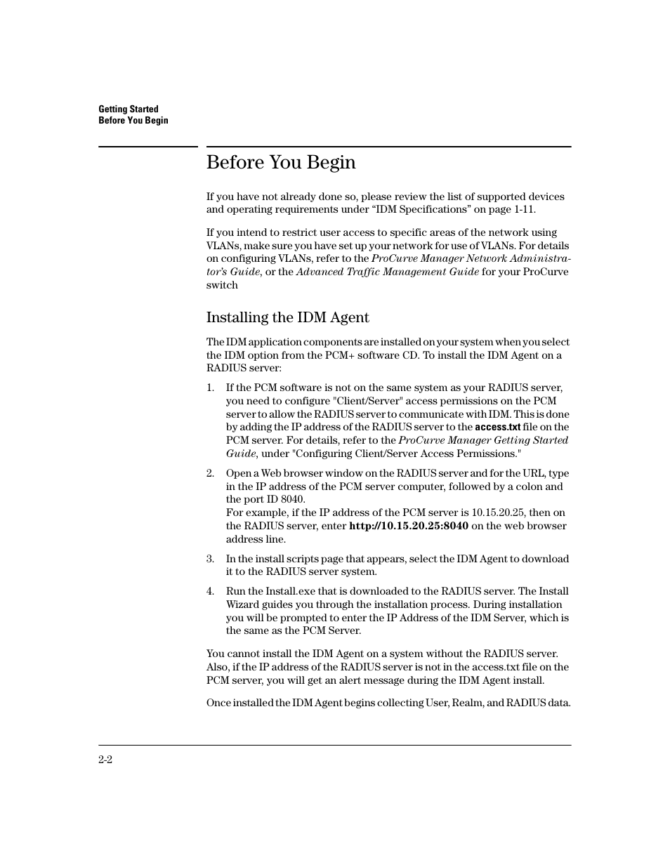 Before you begin, Installing the idm agent, Installing the idm agent -2 | HP Identity Driven Manager Software Licenses User Manual | Page 24 / 190