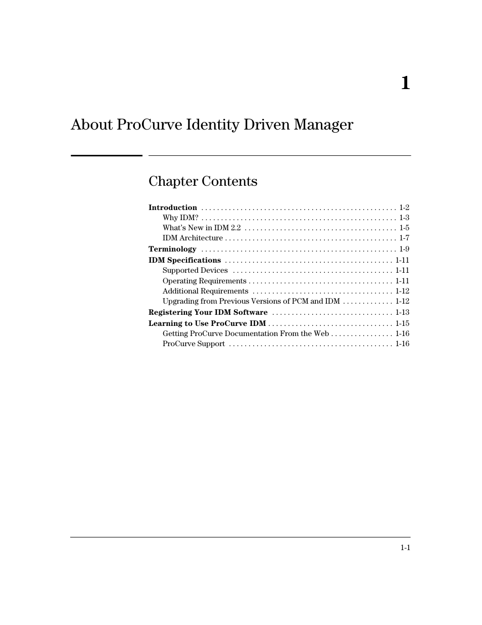 About procurve identity driven manager, Chapter contents, 1 about procurve identity driven manager | HP Identity Driven Manager Software Licenses User Manual | Page 7 / 190