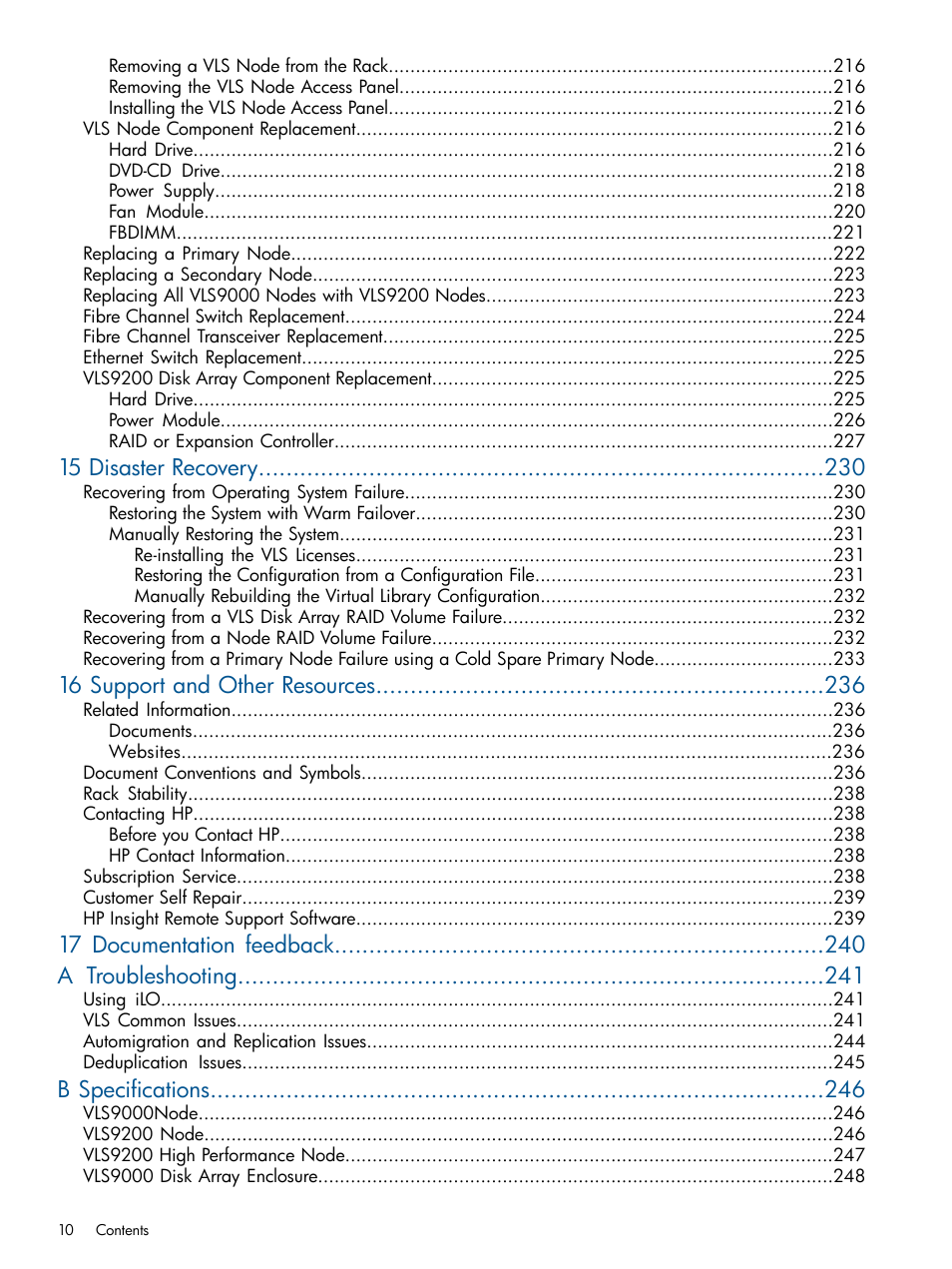 15 disaster recovery, 16 support and other resources, 17 documentation feedback a troubleshooting | B specifications | HP 9000 Virtual Library System User Manual | Page 10 / 268