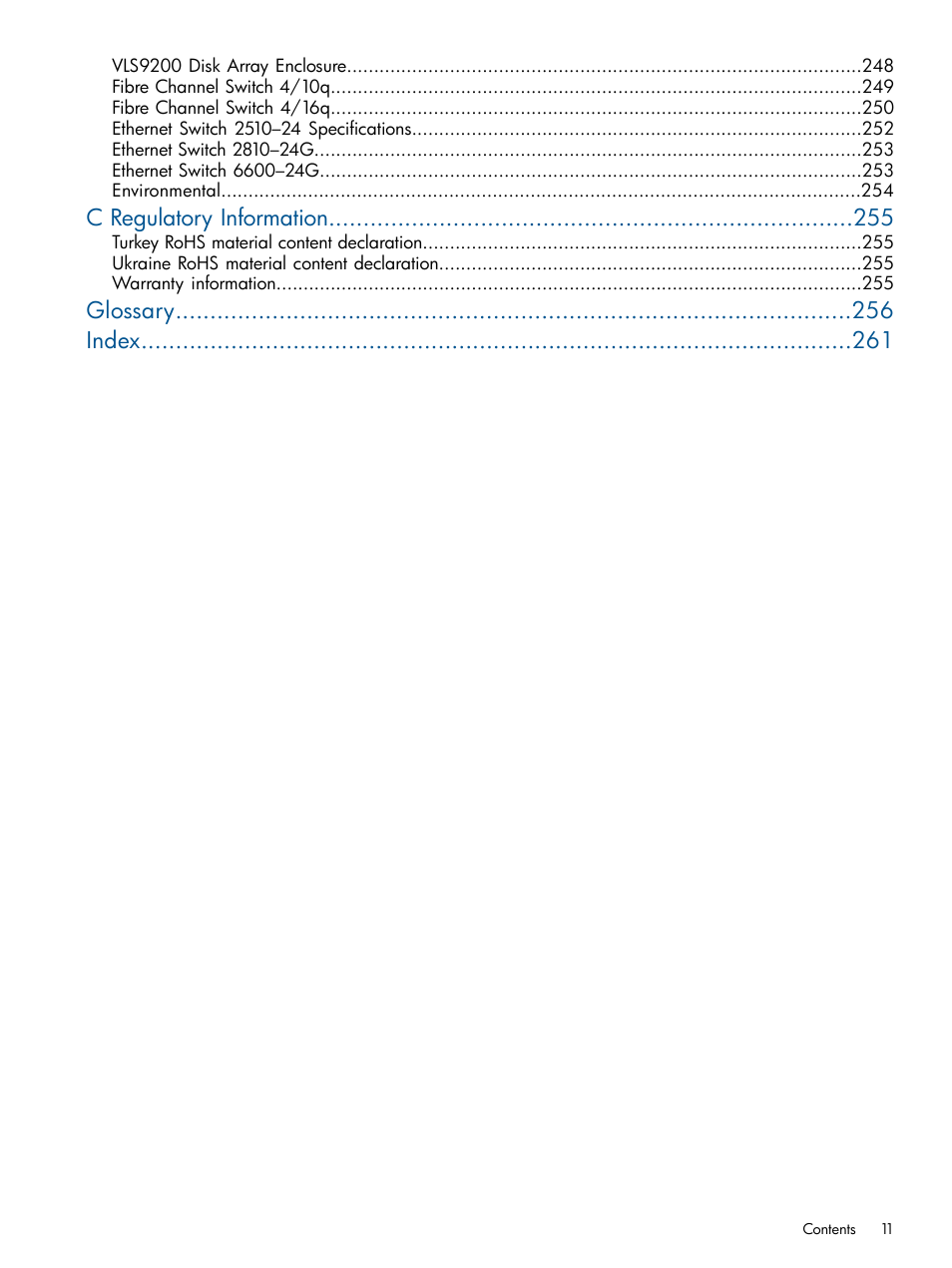 C regulatory information, Glossary index | HP 9000 Virtual Library System User Manual | Page 11 / 268