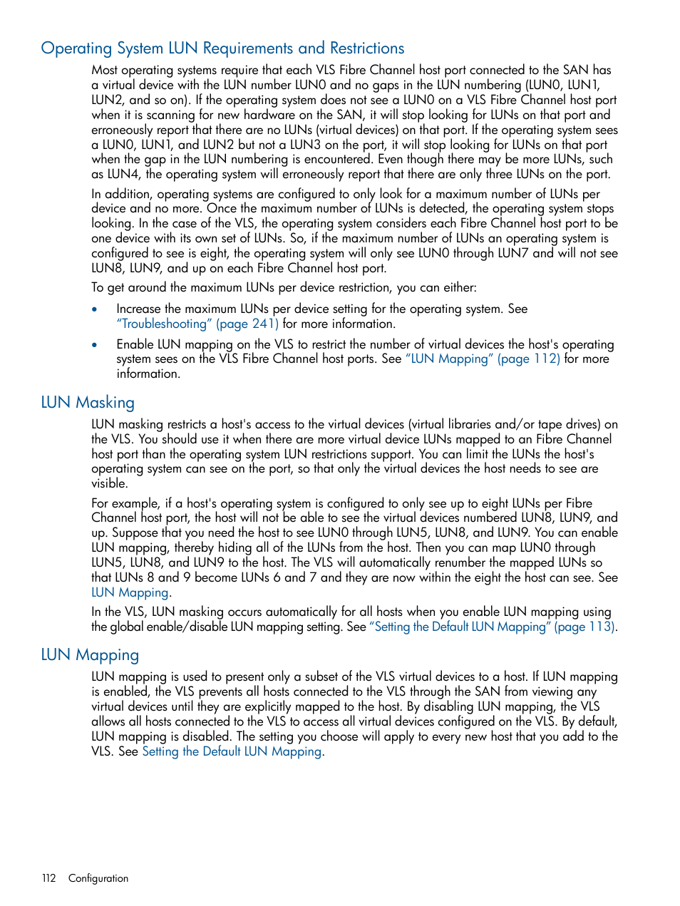 Operating system lun requirements and restrictions, Lun masking, Lun mapping | Operating system lun requirements | HP 9000 Virtual Library System User Manual | Page 112 / 268