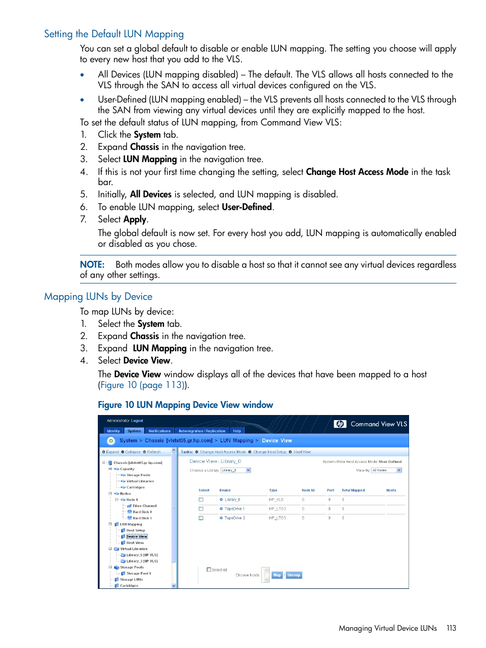 Setting the default lun mapping, Mapping luns by device | HP 9000 Virtual Library System User Manual | Page 113 / 268