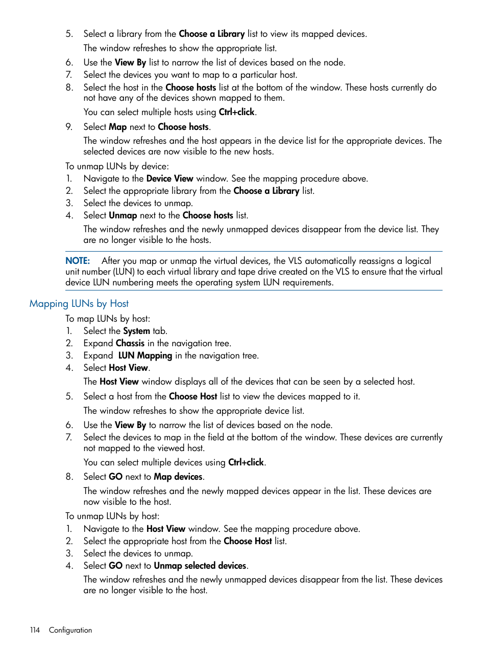 Mapping luns by host | HP 9000 Virtual Library System User Manual | Page 114 / 268