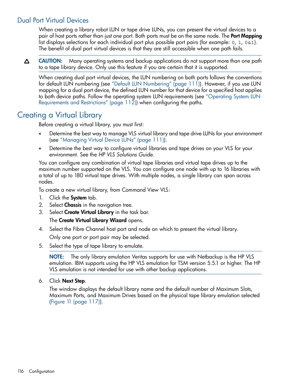 Dual port virtual devices, Creating a virtual library | HP 9000 Virtual Library System User Manual | Page 116 / 268