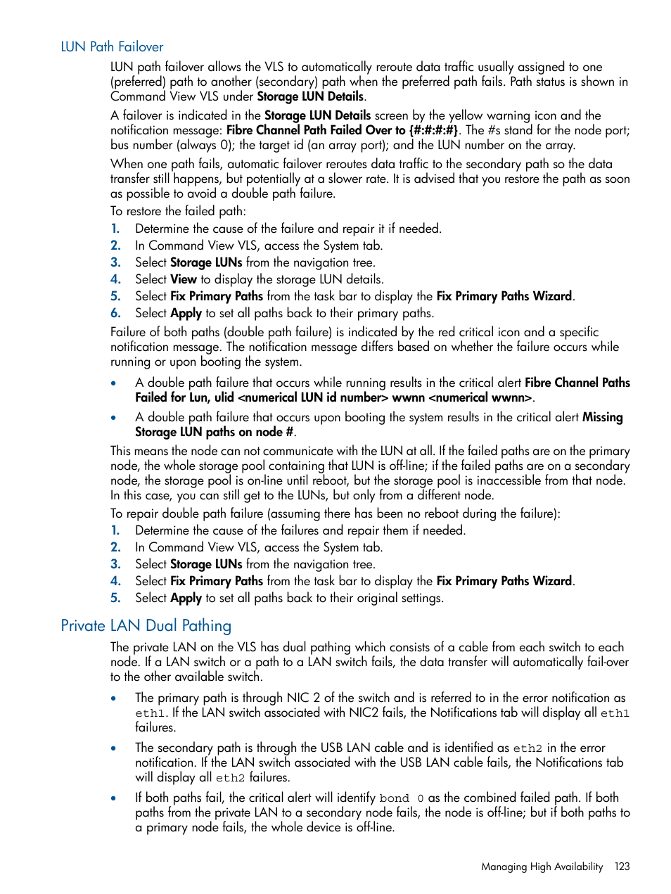 Lun path failover, Private lan dual pathing | HP 9000 Virtual Library System User Manual | Page 123 / 268