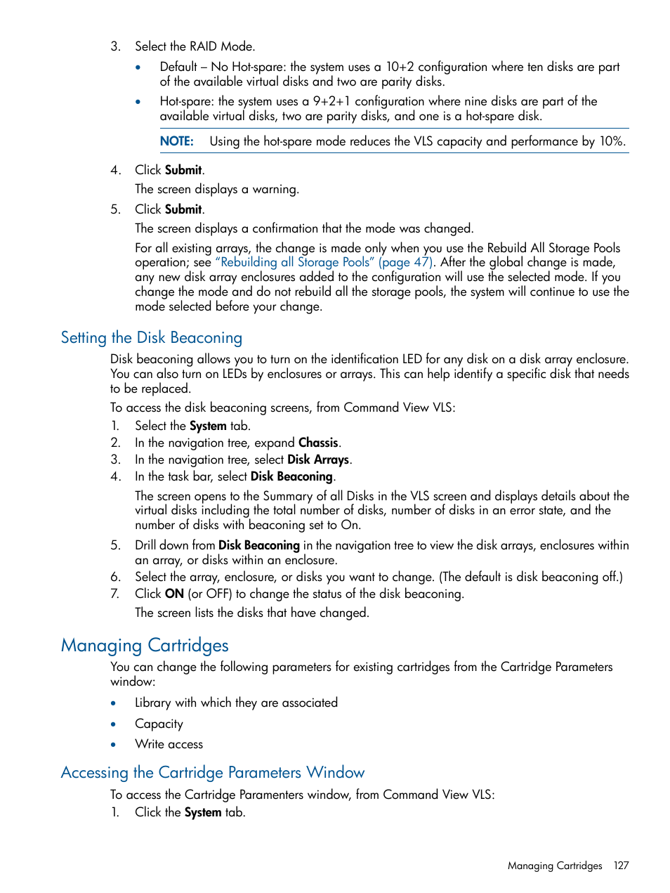 Setting the disk beaconing, Managing cartridges, Accessing the cartridge parameters window | HP 9000 Virtual Library System User Manual | Page 127 / 268