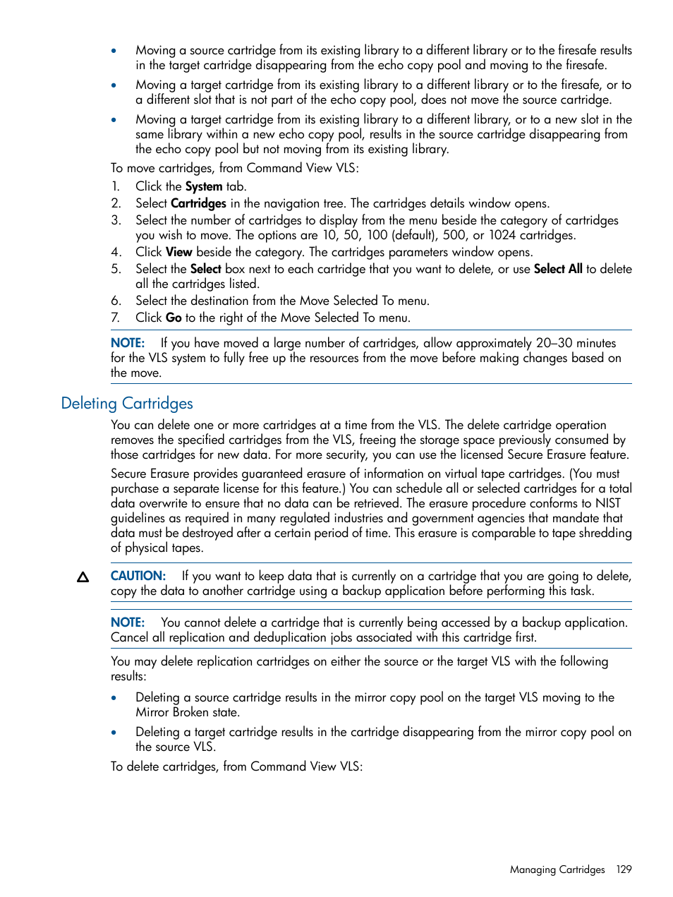 Deleting cartridges | HP 9000 Virtual Library System User Manual | Page 129 / 268