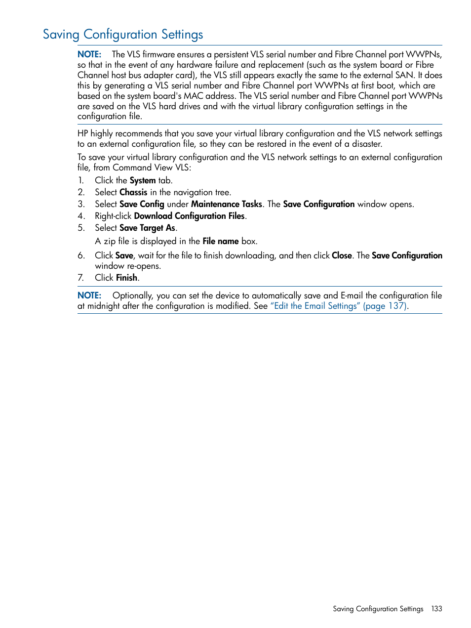 Saving configuration settings | HP 9000 Virtual Library System User Manual | Page 133 / 268