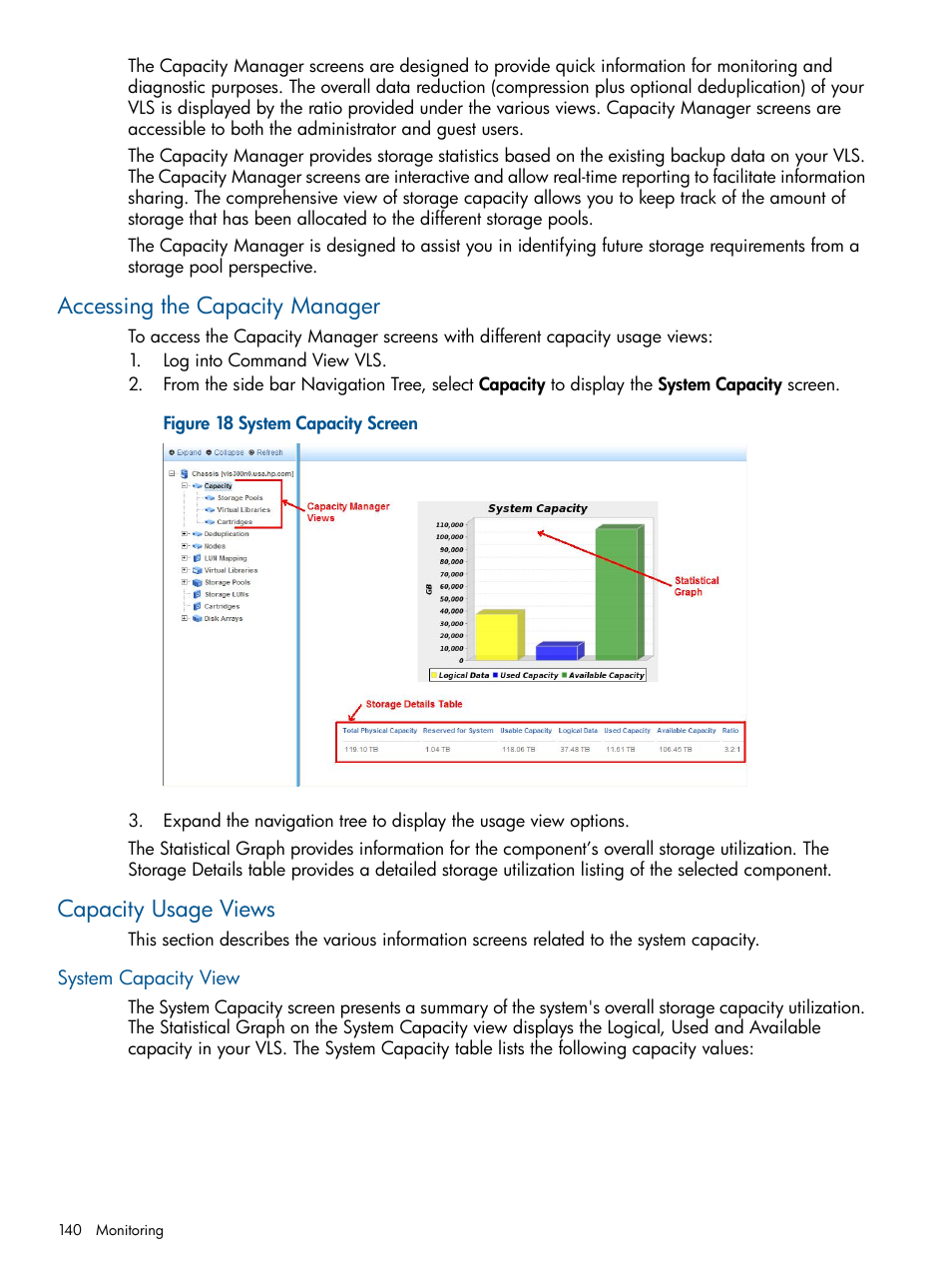 Accessing the capacity manager, Capacity usage views, System capacity view | HP 9000 Virtual Library System User Manual | Page 140 / 268