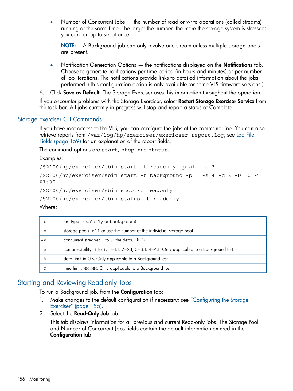 Storage exerciser cli commands, Starting and reviewing read-only jobs | HP 9000 Virtual Library System User Manual | Page 156 / 268