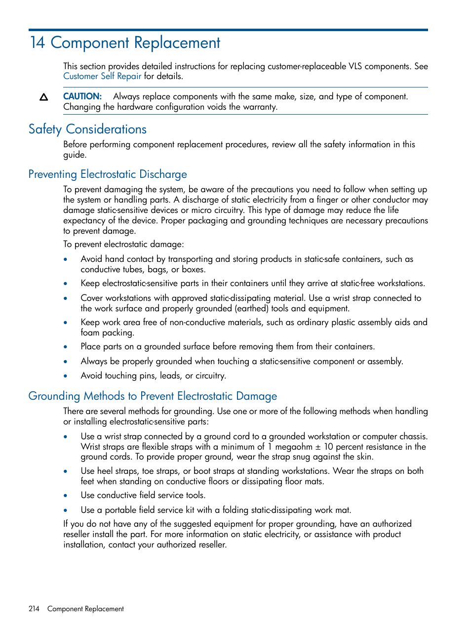 14 component replacement, Safety considerations, Preventing electrostatic discharge | Grounding methods to prevent electrostatic damage | HP 9000 Virtual Library System User Manual | Page 214 / 268