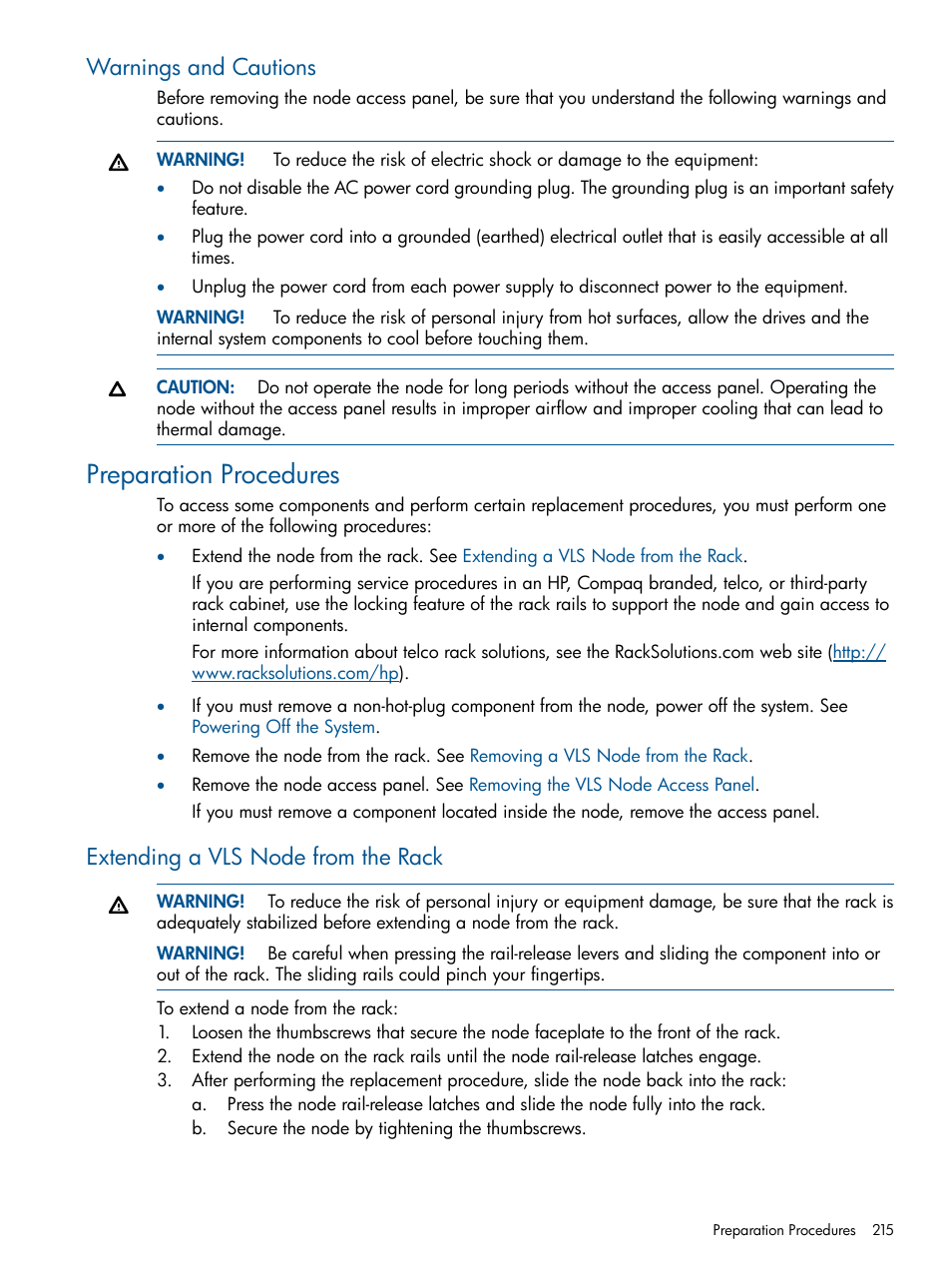 Warnings and cautions, Preparation procedures, Extending a vls node from the rack | HP 9000 Virtual Library System User Manual | Page 215 / 268