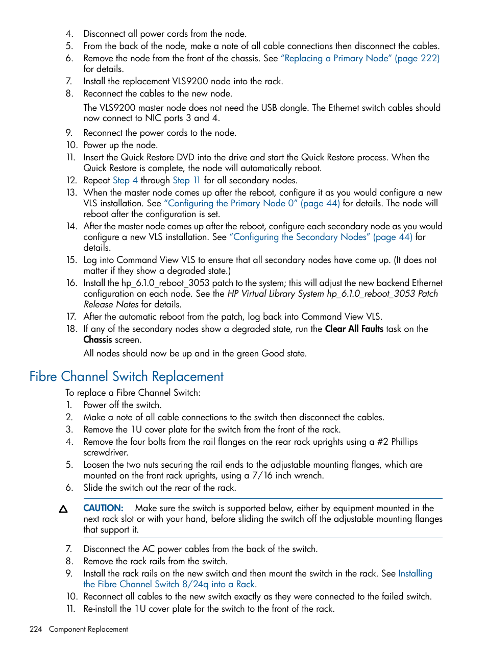 Fibre channel switch replacement | HP 9000 Virtual Library System User Manual | Page 224 / 268