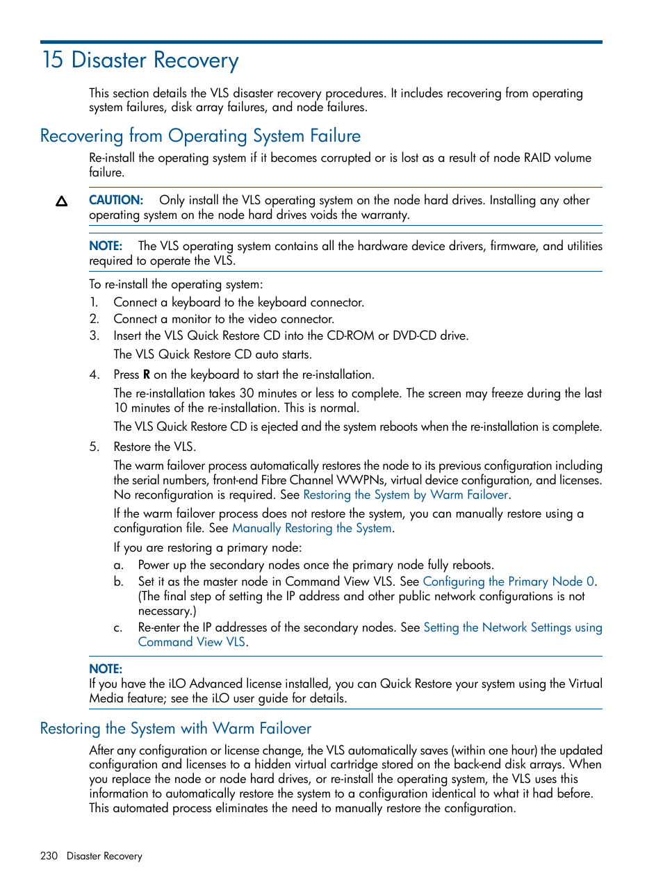 15 disaster recovery, Recovering from operating system failure, Restoring the system with warm failover | HP 9000 Virtual Library System User Manual | Page 230 / 268