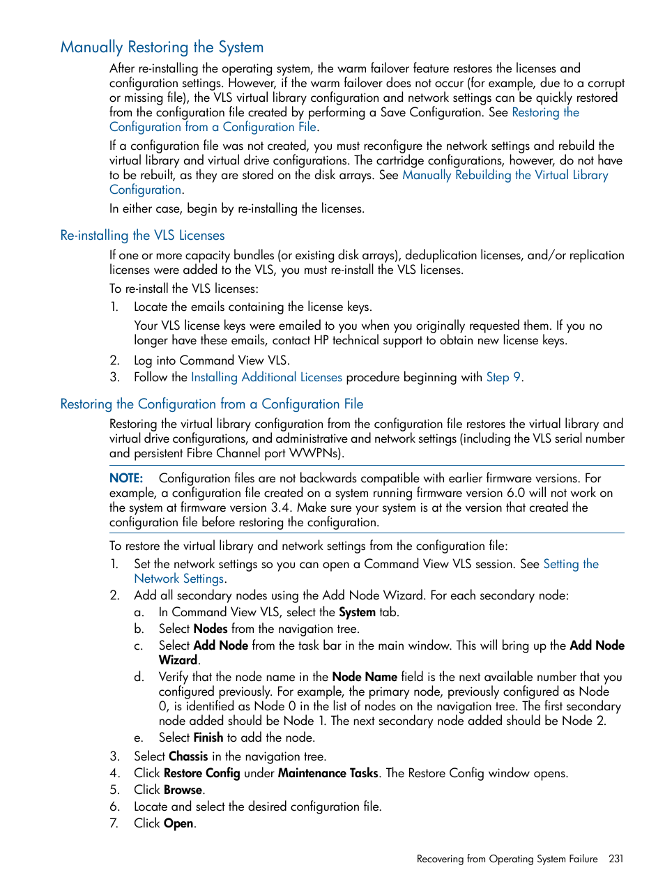 Manually restoring the system, Re-installing the vls licenses | HP 9000 Virtual Library System User Manual | Page 231 / 268