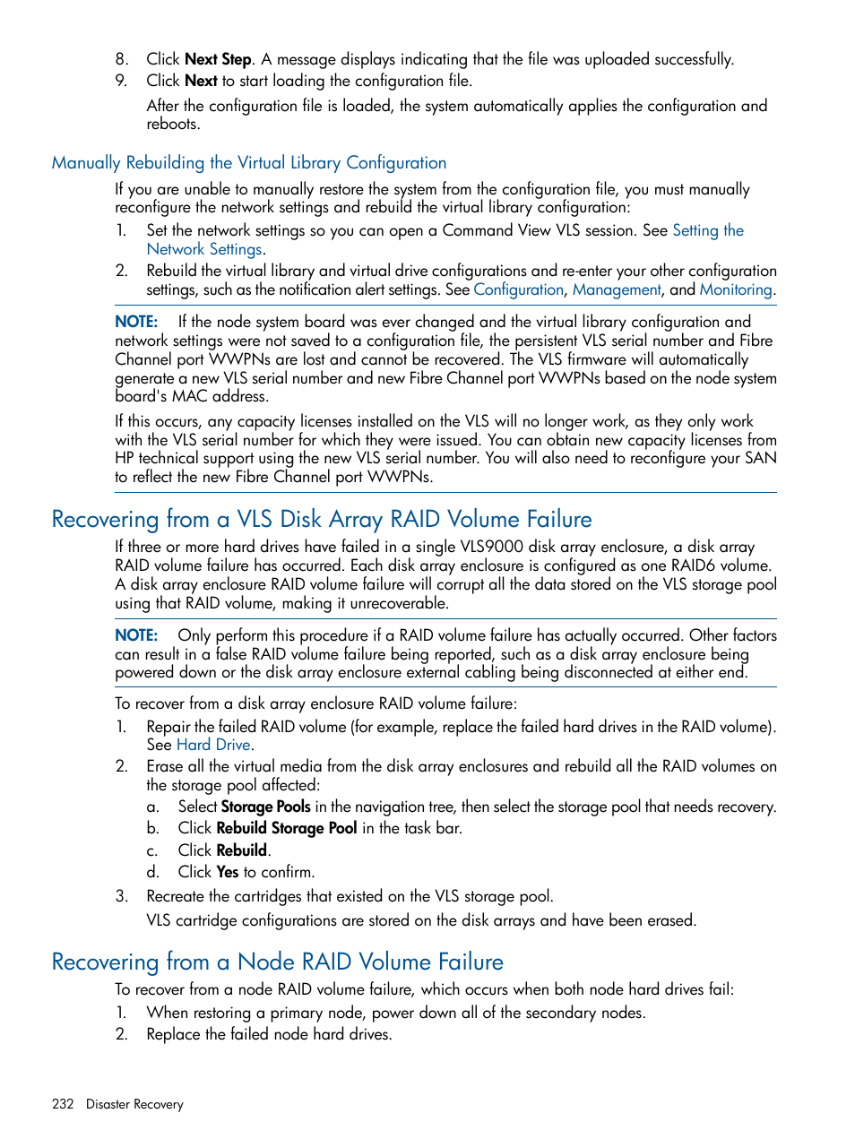 Recovering from a node raid volume failure, Manually rebuilding the virtual library, Configuration | HP 9000 Virtual Library System User Manual | Page 232 / 268