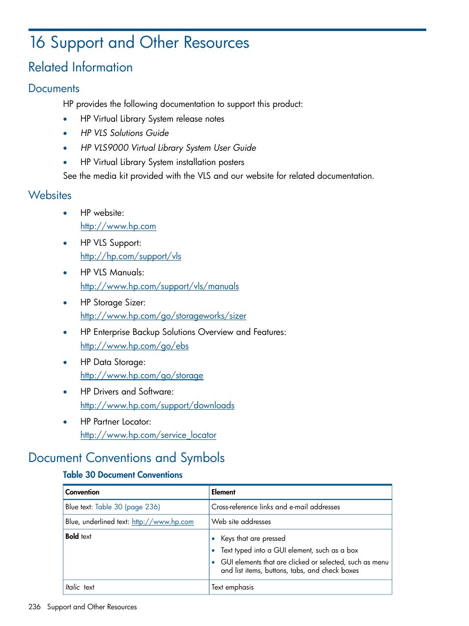 16 support and other resources, Related information, Documents | Websites, Document conventions and symbols, Documents websites | HP 9000 Virtual Library System User Manual | Page 236 / 268