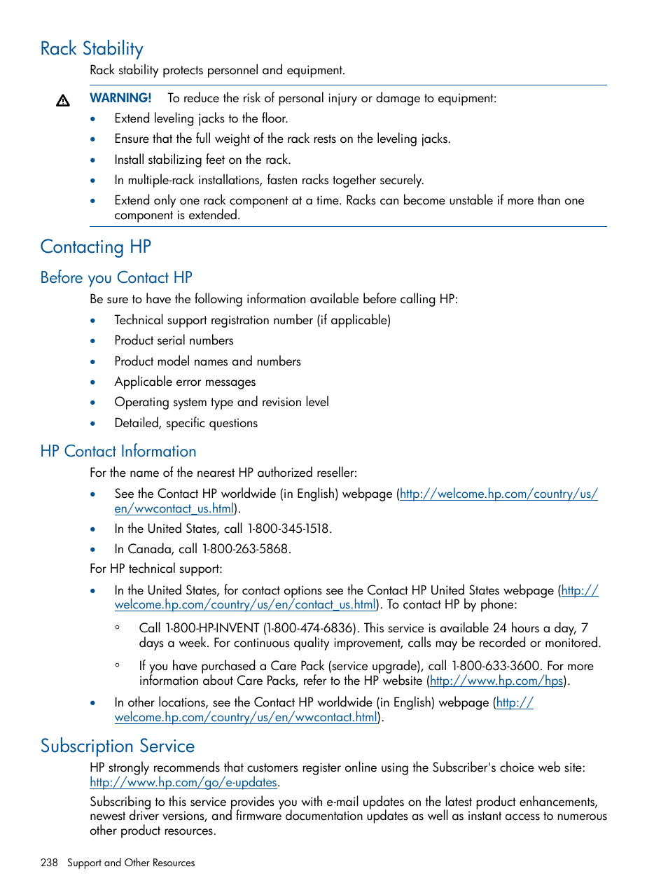 Rack stability, Contacting hp, Before you contact hp | Hp contact information, Subscription service, Rack stability contacting hp, Before you contact hp hp contact information | HP 9000 Virtual Library System User Manual | Page 238 / 268