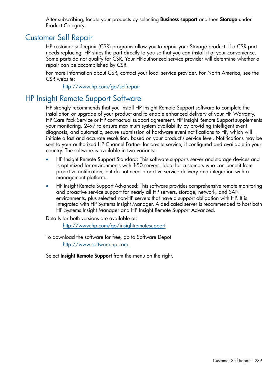 Customer self repair, Hp insight remote support software | HP 9000 Virtual Library System User Manual | Page 239 / 268