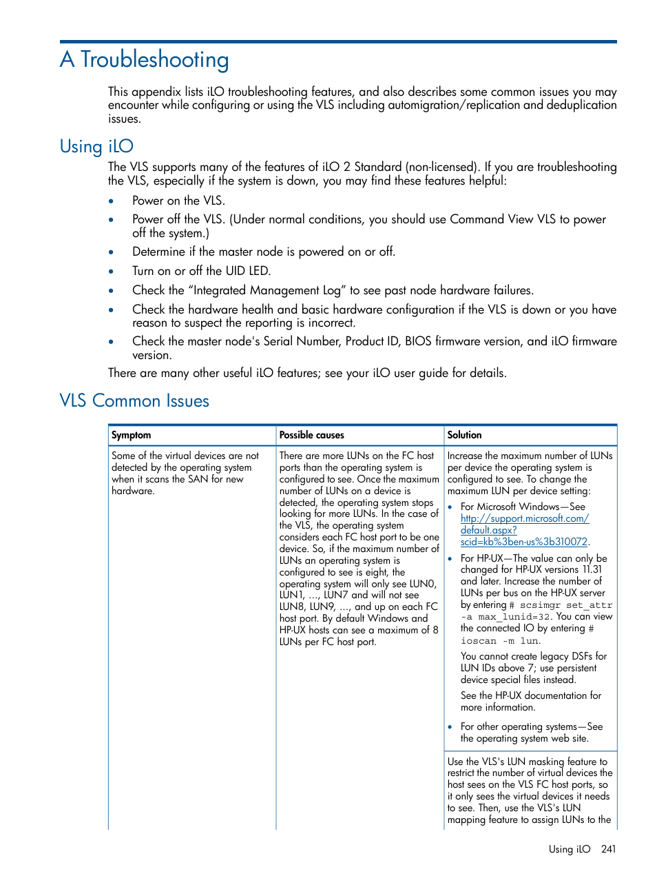 A troubleshooting, Using ilo, Vls common issues | Using ilo vls common issues | HP 9000 Virtual Library System User Manual | Page 241 / 268