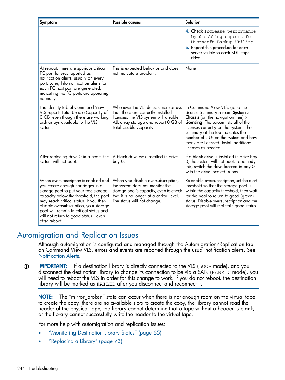 Automigration and replication issues | HP 9000 Virtual Library System User Manual | Page 244 / 268