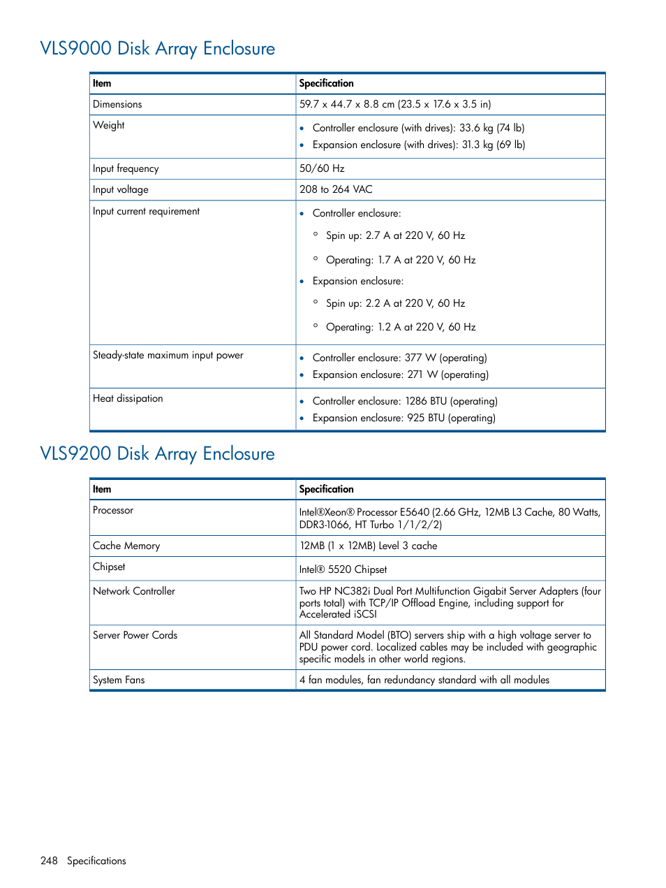 Vls9000 disk array enclosure, Vls9200 disk array enclosure | HP 9000 Virtual Library System User Manual | Page 248 / 268