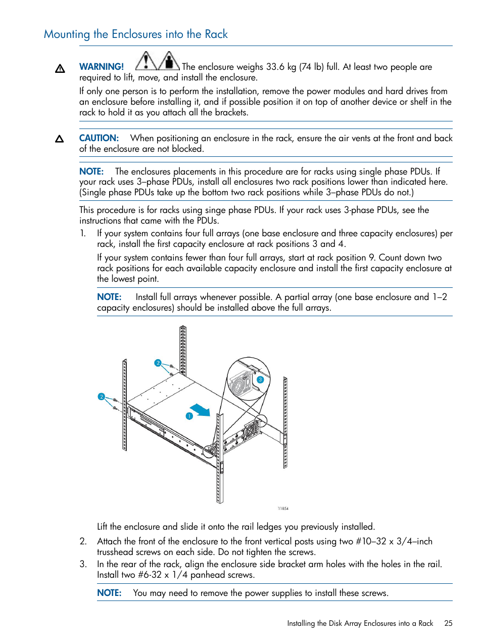 Mounting the enclosures into the rack | HP 9000 Virtual Library System User Manual | Page 25 / 268