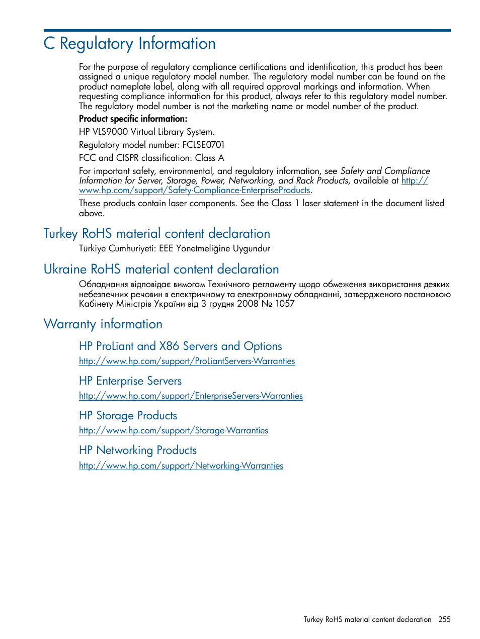 C regulatory information, Turkey rohs material content declaration, Ukraine rohs material content declaration | Warranty information | HP 9000 Virtual Library System User Manual | Page 255 / 268