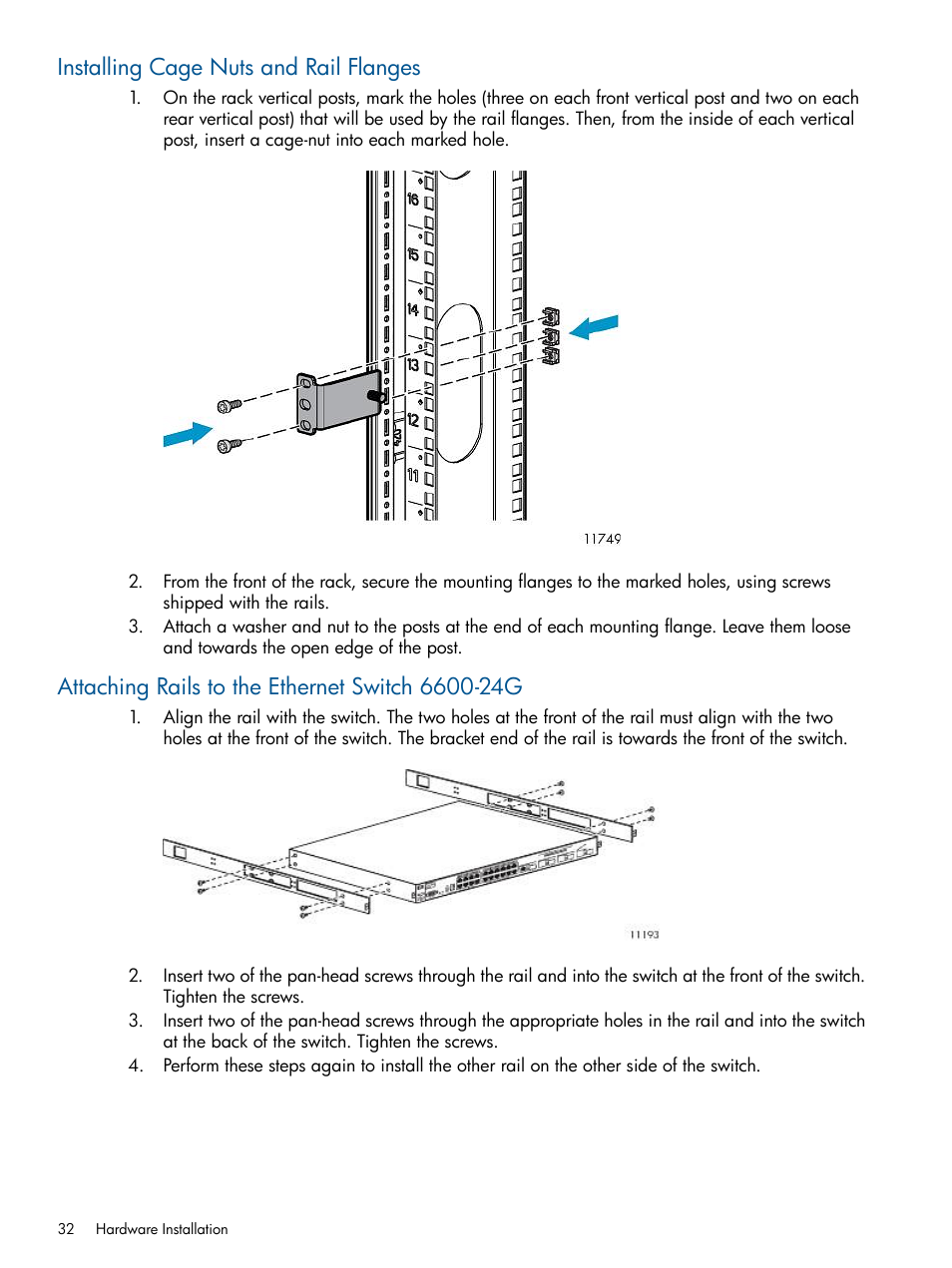 Installing cage nuts and rail flanges, Attaching rails to the ethernet switch 6600-24g | HP 9000 Virtual Library System User Manual | Page 32 / 268