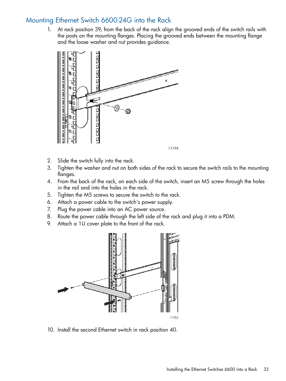 Mounting ethernet switch 6600-24g into the rack | HP 9000 Virtual Library System User Manual | Page 33 / 268