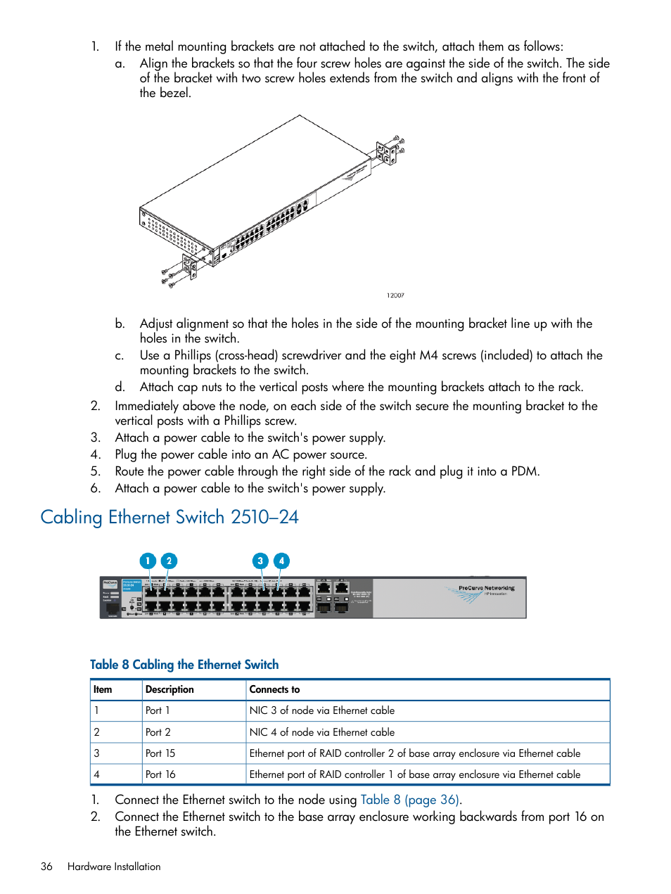 Cabling ethernet switch 2510–24 | HP 9000 Virtual Library System User Manual | Page 36 / 268