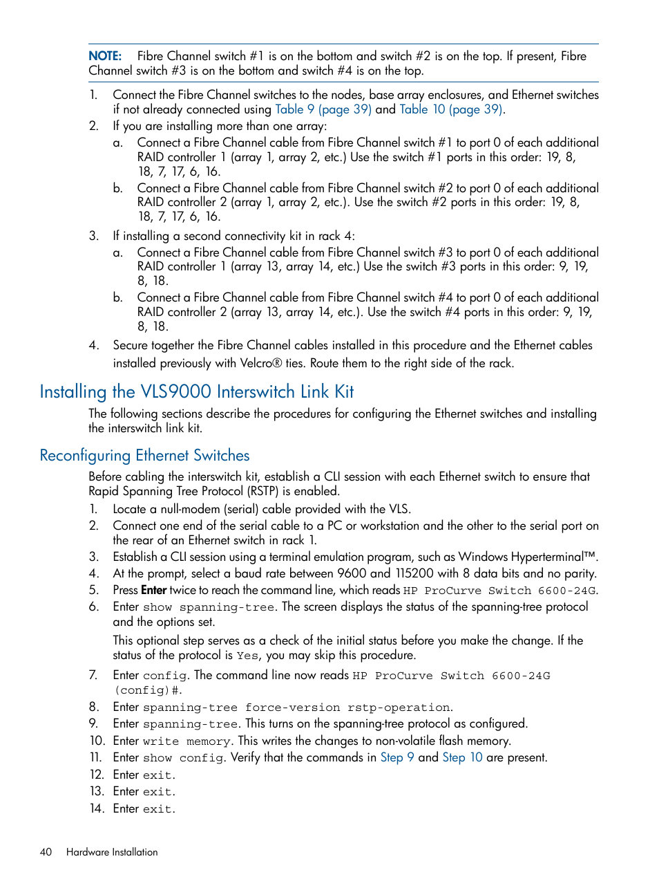 Installing the vls9000 interswitch link kit, Reconfiguring ethernet switches | HP 9000 Virtual Library System User Manual | Page 40 / 268