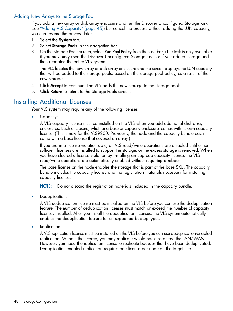 Adding new arrays to the storage pool, Installing additional licenses, Adding new arrays to the storage | HP 9000 Virtual Library System User Manual | Page 48 / 268