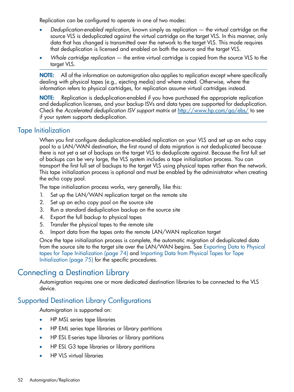 Tape initialization, Connecting a destination library, Supported destination library configurations | HP 9000 Virtual Library System User Manual | Page 52 / 268