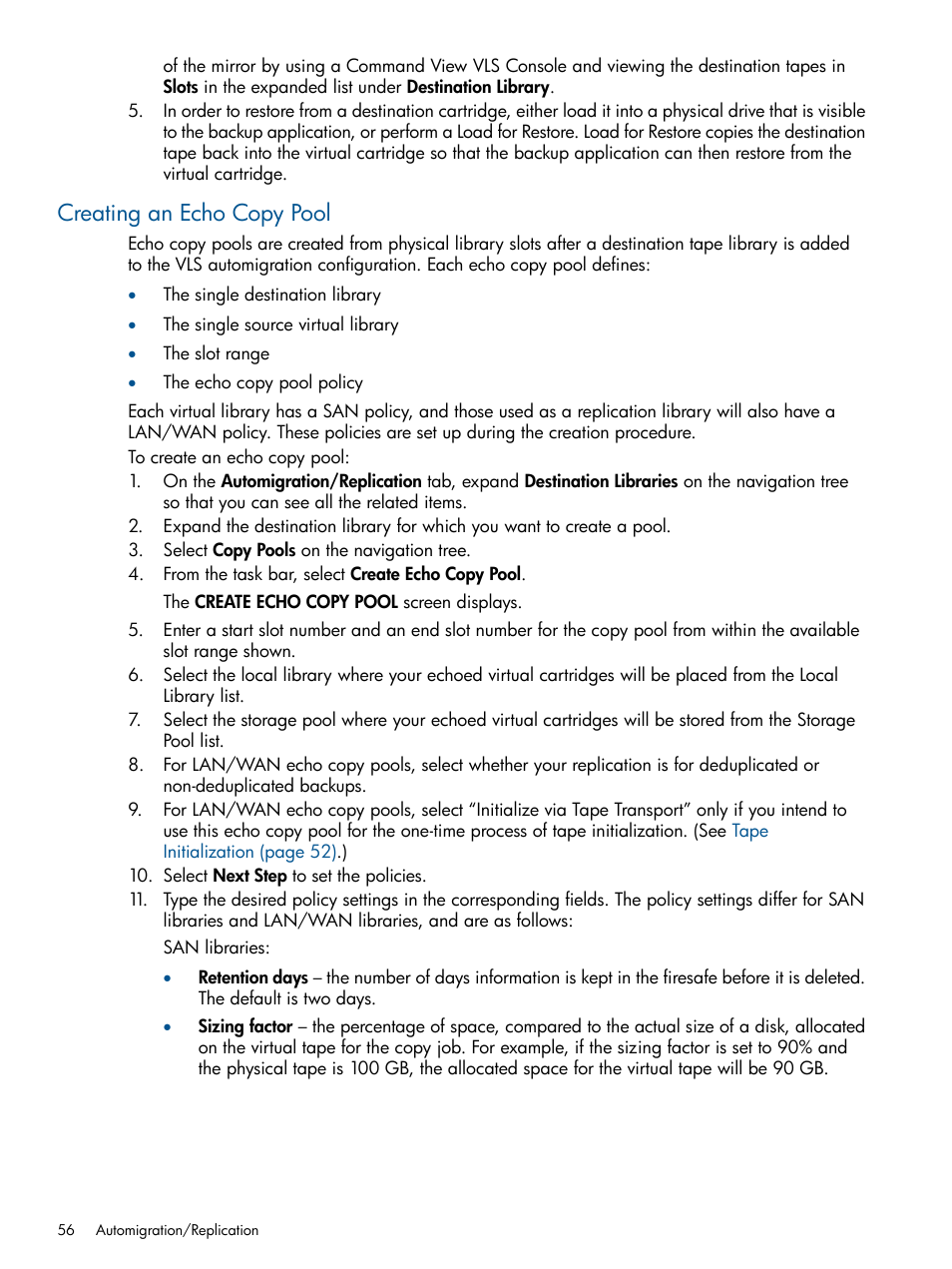 Creating an echo copy pool | HP 9000 Virtual Library System User Manual | Page 56 / 268