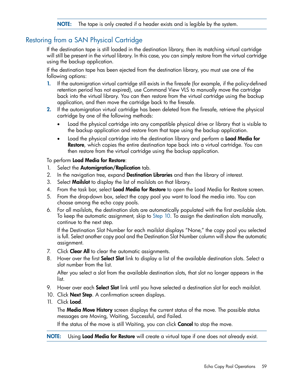 Restoring from a san physical cartridge | HP 9000 Virtual Library System User Manual | Page 59 / 268