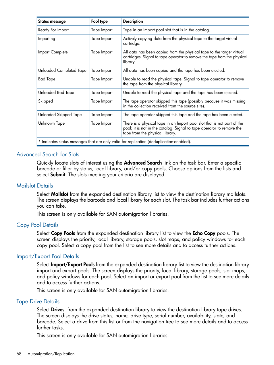 Advanced search for slots, Mailslot details, Copy pool details | Import/export pool details, Tape drive details | HP 9000 Virtual Library System User Manual | Page 68 / 268