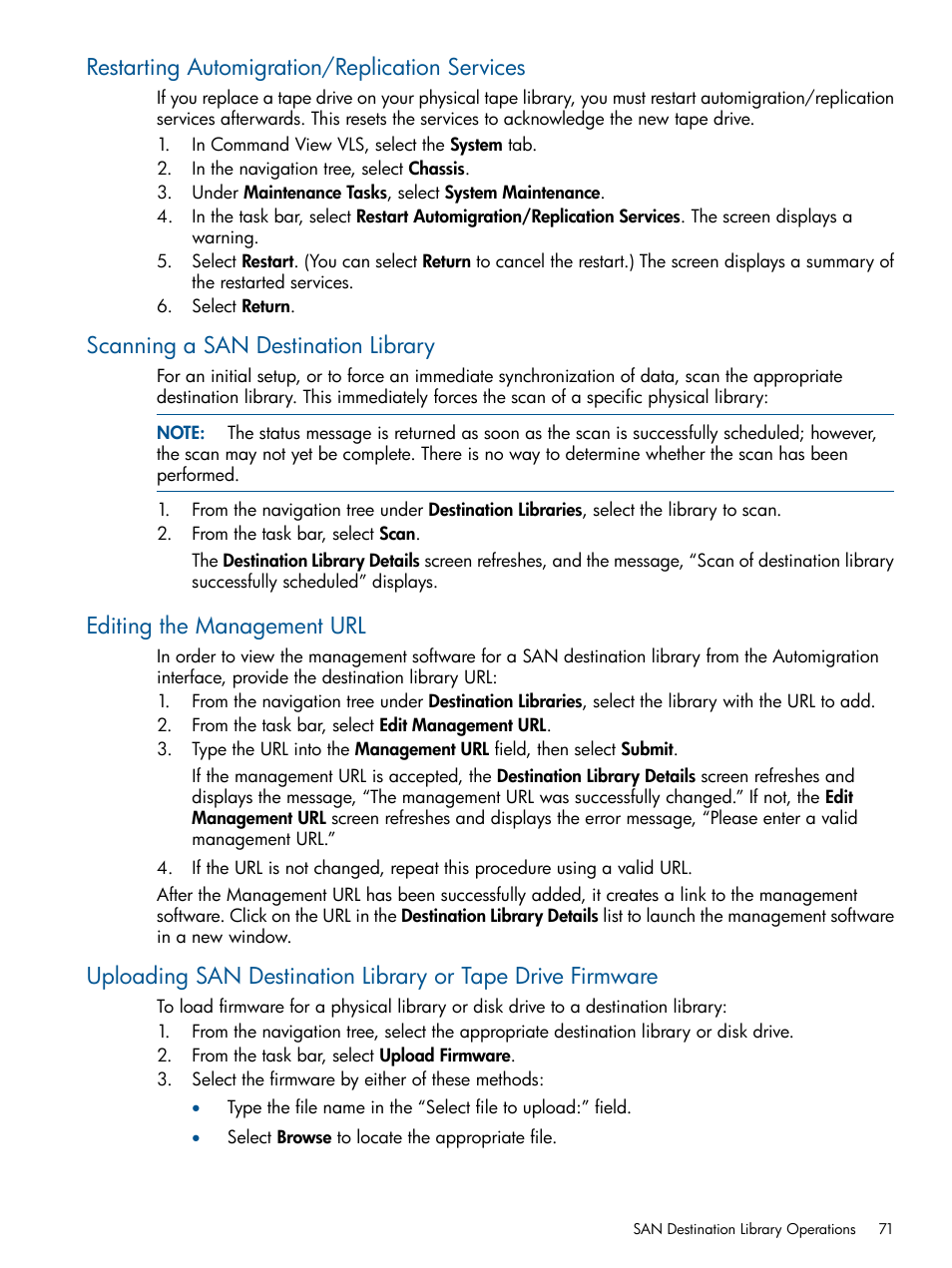 Restarting automigration/replication services, Scanning a san destination library, Editing the management url | HP 9000 Virtual Library System User Manual | Page 71 / 268