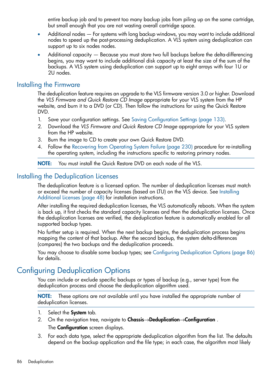 Installing the firmware, Installing the deduplication licenses, Configuring deduplication options | HP 9000 Virtual Library System User Manual | Page 86 / 268