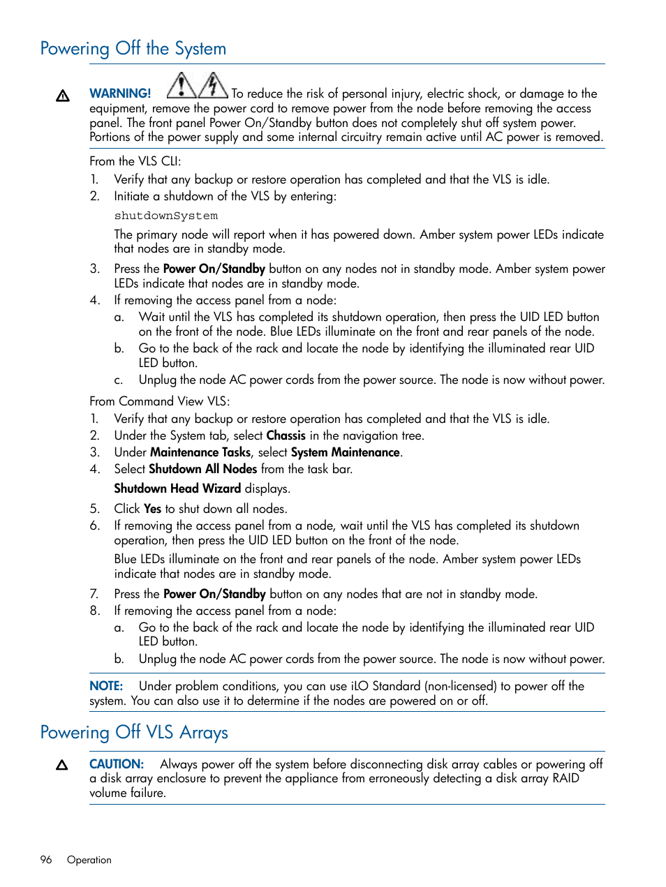 Powering off the system, Powering off vls arrays, Powering off the system powering off vls arrays | HP 9000 Virtual Library System User Manual | Page 96 / 268